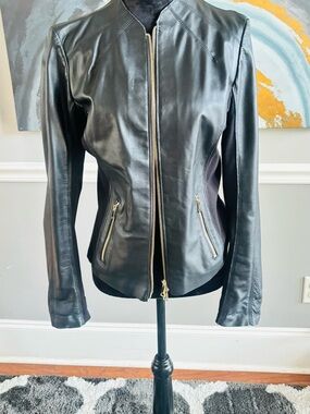Compagnia Italiana Women's Black Leather Zip Jacket with Gold Zippers